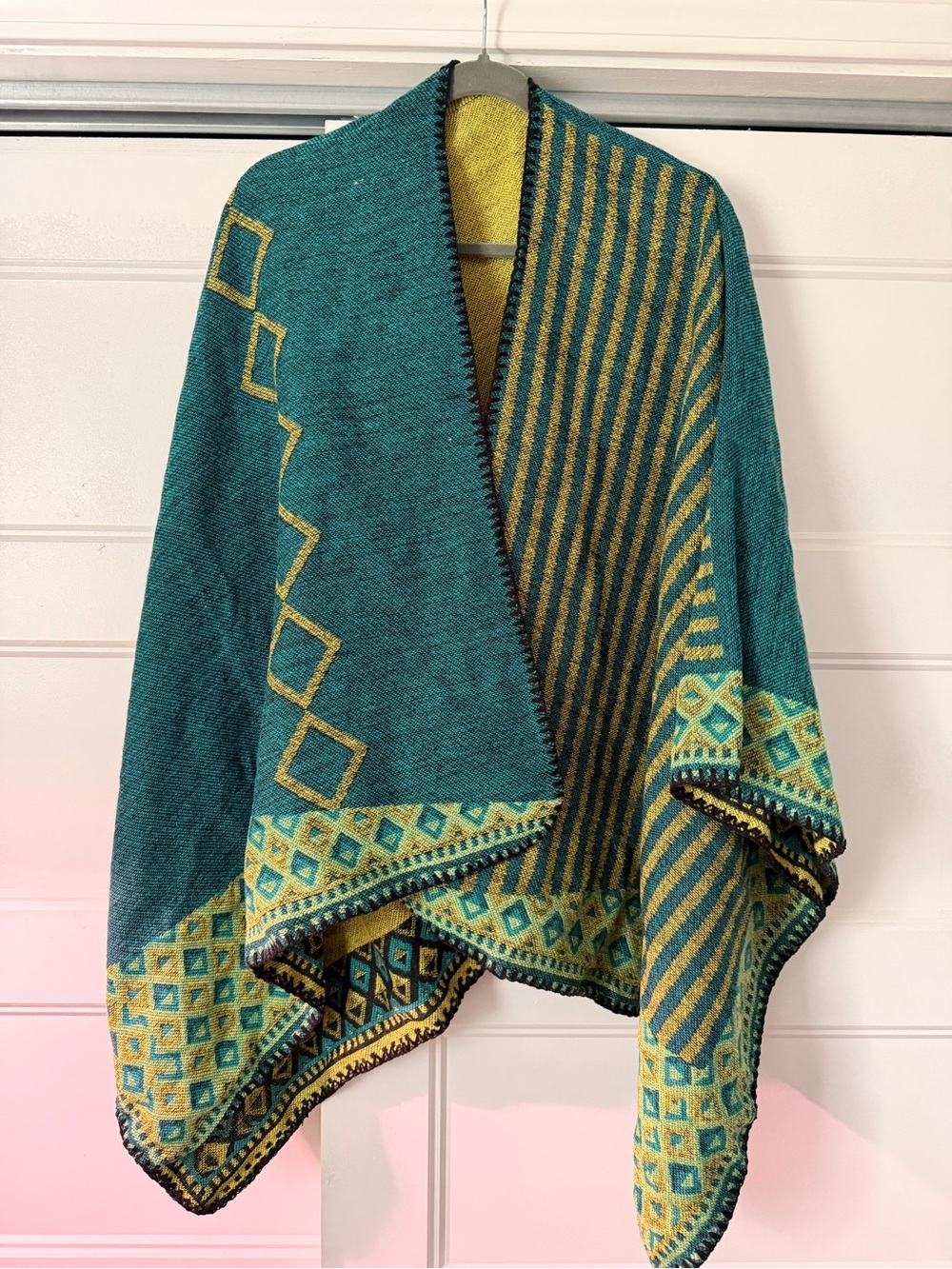 Teal and Mustard Geometric Knit Shawl